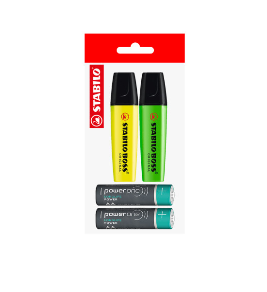 Pack: 2x Resaltador STABILO Boss + 2x Pilas AA POWER ONE, Pack x 4 Unds.
